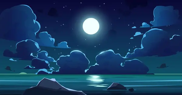 Cartoon Night Sea Sky Midnight Sky Moon Blue Moonlight Stars — Stock Vector