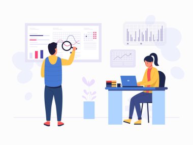 Piyasa analizleri. Mali tahmin, eğilimler, finansal analiz tahminleri ve iş stratejisi analizleri, analitik yönetim stratejisi, grafik bilgi tahmin vektörü illüstrasyonu