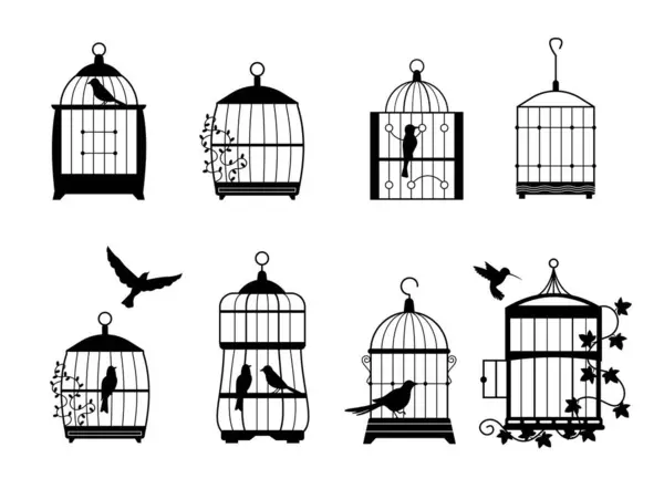 Zwarte Muurstickers Met Vliegende Vogels Kooien Collectie Van Gevangenschap Ontsnappen — Stockvector