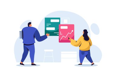 Proje üzerinde çalışan takımlar, ofis şirketleri, insan yönetimi stratejisi, tasarım geliştirme veya birlikte toplantı yapan bir grup insan, vektör illüstrasyonu