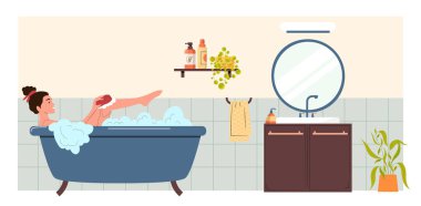 Bitkilerle yıkanan kadın, güzel bayan rahatla ve dikkat et, karakter sağlıklı banyo, banyo rahatlığı, vektör illüstrasyonu