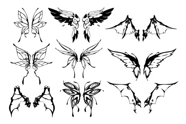 Tetování Vílých Křídel Roztomilé Siluety Motýla Motýla Křídla Fantasy Kouzelné — Stockový vektor