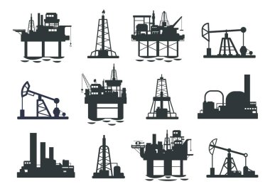 Yağ platformu silueti. Offshore petrol kriko kulesi, enerji endüstrisi gaz çıkarma tesisi, yakıt üretimi ve ulaşım. Petrol sanayii siluetinin vektör illüstrasyonu