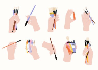 Fırça tutan eller. Kalem ve kalemle avuç içi, fırça ve boya tüpüyle sanatçı parmaklar, çizim ve çizim konsepti. Çizim araçları çizimi ile insan elinin vektör düz kümesi