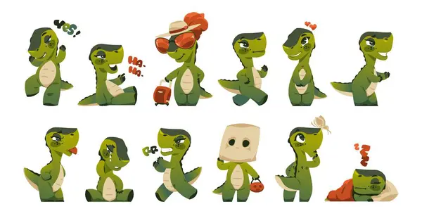 Niedliches Drachenmaskottchen Lustige Prähistorische Cartoon Reptilienfiguren Mit Unterschiedlichen Emotionen Entzückende — Stockvektor