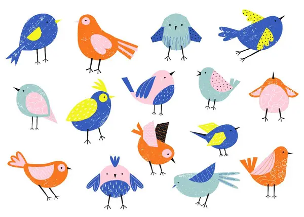 Cute birds. Cartoon colorful sparrow characters, happy flying animals with colorful wings and beaks, zoo and wildlife flat style. Vector isolated set of sparrow character illustration
