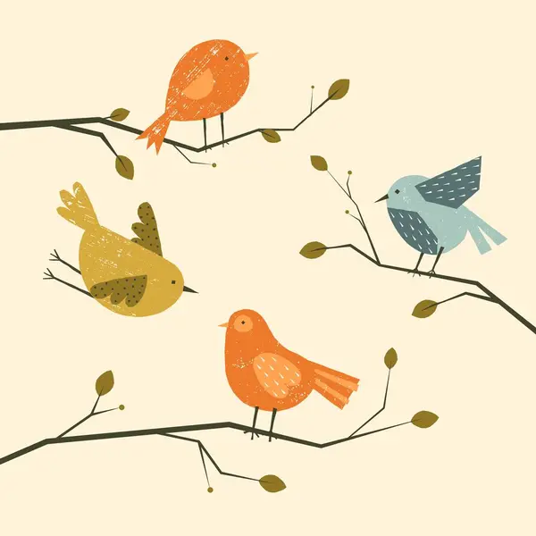 Cute birds on trees. Cartoon colorful spring and summer animals on branches with flowers, childish graphic design elements. Vector isolated set of spring bird cartoon on tree illustration