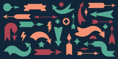 Retro ok pankartları. Farklı yön işaretleri, web tasarımı için basit yön bulma sembolleri olan siyah vintage işaretçi çerçeveleri. Ok pankartı çerçeve çiziminin vektör koleksiyonu