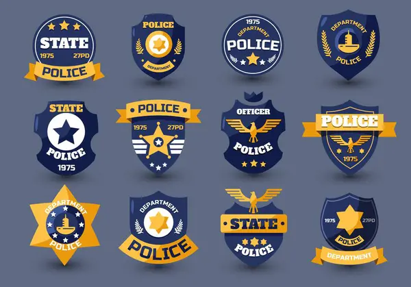 Polis Mührü Polis Rozetleri Şerifin Amblemleri Yıldız Kalkanlarla Kolluk Kuvvetlerinin — Stok Vektör