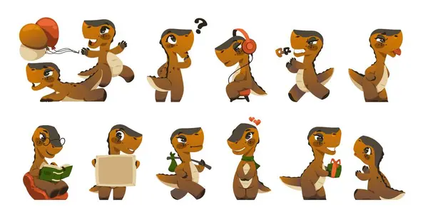 Kreskówkowy Charakter Dinozaura Cute Zabawny Zielony Gad Różnych Emocji Szczęśliwy Ilustracje Stockowe bez tantiem