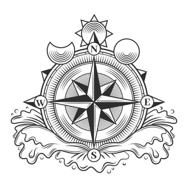Pusula dövmesi. Minimalist siyah astrolojik tılsım, ok ve güneş ay yıldızları, modern yön bulma işareti. Vektör izole edildi. Ekipmanlar kuzey, doğu, batı ve güneyi gösteriyor.