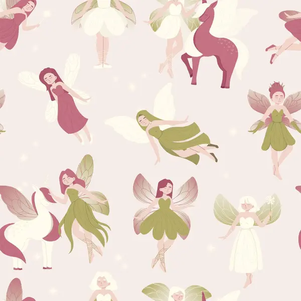 Милый Узор Феи Бесшовный Шрифт Волшебными Девочками Бабочками Декоративный Сказочный Стоковая Иллюстрация