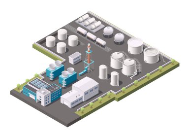 Fabrika binaları izometrik konsept. Kimyasal teçhizatı, boru hattı ve depolama tankları olan petrol endüstrisi rafineri fabrikası. Vektör çizimi. Hangarda üretim ve depolama