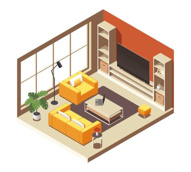 Isometric oturma odası iç kısmı. Mobilyalı karikatür dairesi, kanepeli ve koltuklu modern yurt içi odası, ev dekorasyonu. Vektör çizimi. Kitap rafları ve sehpası olan televizyon.