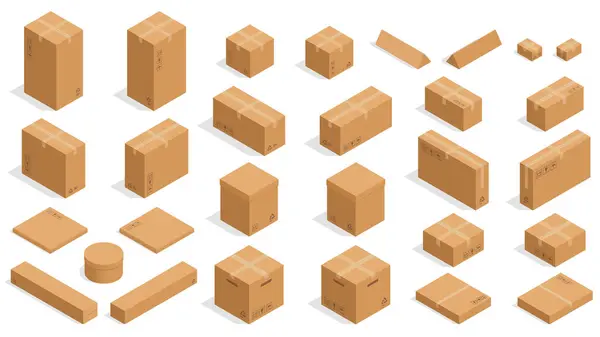 等距纸板箱矢量正方形和矩形包装纸板箱 用于交付 运输和储存 扁平简单的形状 包装中易碎产品的运输 — 图库矢量图片
