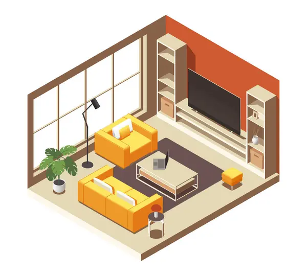 Izometrický Interiér Obývacího Pokoje Kreslený Apartmán Nábytkem Moderní Domácí Pokoj — Stockový vektor
