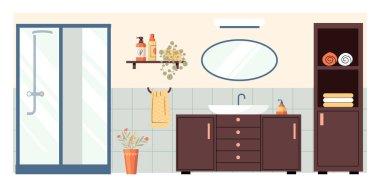Daire tasarlama dairesi için karikatür banyosu. Daire banyosu karikatür ev dekorasyonu, banyo mobilyası modern.