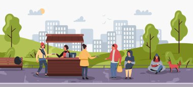 Evsizler için yardım. Fakir insanlar için çizgi film insani yardım ve destek, sosyal yardım ve gönüllü toplum konsepti evsiz yardımı, çizgi film yardım illüstrasyonu