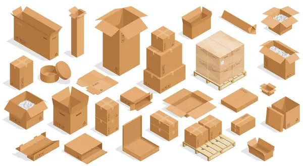 Isometric Open Boxes Closed Open Cardboard Carton Crates Square Rectangular — Stock Vector