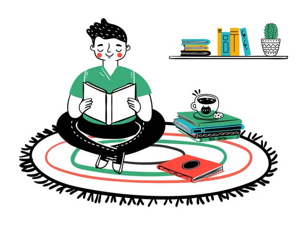 Man Reading Book Home Sitting Floor Character Sitting Education Person Stock Illustration