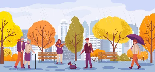 Люди Осінній Сезон Ходять Парку Під Деревом Вектор Осіннього Сезону Ліцензійні Стокові Ілюстрації