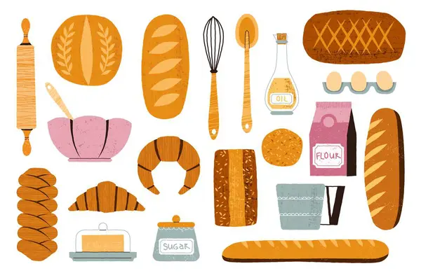 Baking Ingredients Cartoon Kitchen Tools Food Pastry Sweet Bakery Eggs Vector Graphics