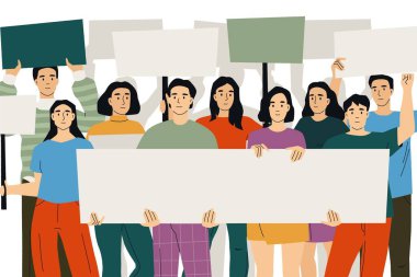 Halka açık. Pankartlı ve protesto tabelalı çizgi film insanları, pankartlı kızgın kalabalık, protesto ve isyan konsepti. Vektör çizimi. Duyurusu olan genç karakterler