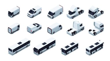 Arkadan ve önden Isometric kamyonlar. Yarı karavan kargo aracı, konteynır, yan ve ön projeksiyonlar. Ağır taşıma düz stil vektörü ayarlandı. Toplu taşıma, kiralama ve kiralama şirketi