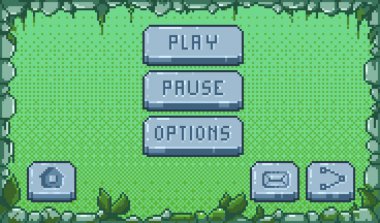 Piksel oyun menüsü. Retro video oyunu düğmeleri, 8 bit varlık, mobil kullanıcı arayüzü elemanları. Vektör atari tasarımı ayarlandı