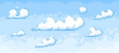 Piksel mavi gökyüzü arkaplanı. Beyaz kabarık bulutlu karikatür doğa bulutlu gökyüzü, güneş ışığıyla yaz günü manzarası. Vektör dokusu