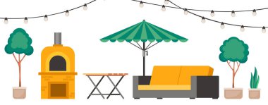 Eski koni şömineli rahat bir arka bahçe ve tencere evindeki verandalı bitkiler piknik için mobilyalar ve barbekülü güneş şemsiyesi, yeşil ağaç. Bahçenin yaz manzarası. Vektör çizgi film illüstrasyonu.