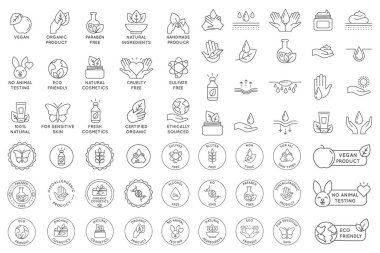 Eco cosmetics icon. Organic natural products alcohol, fragrance, chemical, and silicone free line icons for packaging. Round stamps and badges vector set.