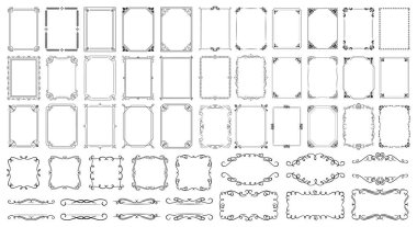 Klasik kaligrafik çerçeveler. Kaligrafi çerçevesi, eski zarif dekoratif kenarlar, çerçevelenmiş sertifika şablonu için filigran çiçekli süsler. İzole vektör dekoratif Viktorya dönemi bölücüleri ayarlandı.