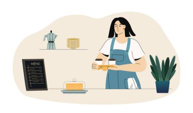 Kahve dükkanının kapak sayfasında kahve servisi yapan barista, en iyi aromalı kahve bardağının reklamını yapıyor. Cappuccino ya da espresso bardaklarıyla gülümseyen genç bayan barista. Vektör illüstrasyonu.