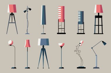 Yer lambası. Mobilyaların içi aydınlık, İskandinav tarzı konforlu vektör setinde ampul. Spotlight elektrikli ekipman.