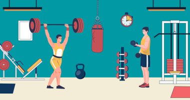 Spor salonundaki insanlar. Erkekler spor salonunda kaldırma egzersizleri yapıyor, spor yapıyor ve formda kalıyorlar. Halterli ve halterli bir adam. Etkin yaşam biçimi vektör arkaplanı.