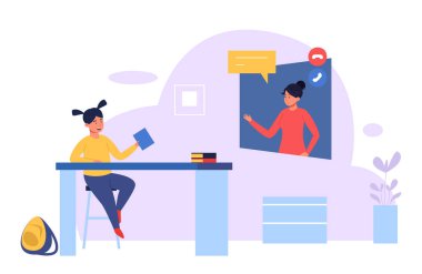 Uzaktan ders. İnternette okuyan genç bir kadın. Kadın bir öğretmenle çevrimiçi olarak İngilizce çalışıyor. Uzaktan eğitim kavramı, internet eğitimi ve kurslar, dil okulu. Şirin düz vektör kavramı.