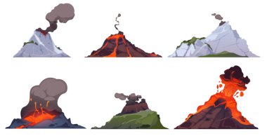 Volkan patlaması. Ateş püskürten dağlar dumanlı lav patlaması. Tehlikeli bilgisayar oyunu manzarası için volkanik magma akışı elementi. Volkanlar vektör kümesi izole edildi.