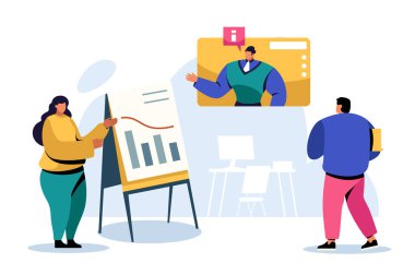 İş ekibi proje üzerinde birlikte çalışıyor, vektör illüstrasyonu. Şirketin ofis sahneleri, kadın ve erkeklerin etkileşimi ve iletişimi. İş projesi takım çalışması, yaratıcı çalışma alanı konsepti.