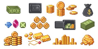 Piksel parası. Retro 8 bit oyun parası, altın paralar ve banknotlar, kasa ve altın külçeleri, cüzdan yığını. Servet ve tasarruf, yatırım konsepti. Vektör izometrik para izole edildi.