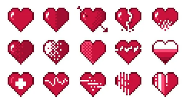 stock vector Pixel hearts. Retro 8 bit abstract love symbols, pixelated romance and friendship heart icons, 2D pixel art game asset. Vector isolated set. Broken heart and with amour arrow valentine day sign.