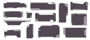 Geleceğe ait mesaj kutuları. Geometrik sınırları olan soyut dijital arayüz metin kutusu fütüristik HUD sanal oyun çerçeve paneli, kontrol ve çağrı çağrılarına sahip modern UI paneli. Vektör seti.