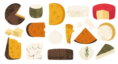 Peynirci tipler. Farklı peynir türleri, İsviçre gouda rokforu brie peyniri mavi mozzarella parmesan çedar peyniri, restoran menüsü için gurme yemeği. Vektör seti.