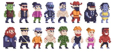 Piksel karakterleri. Retro 8 bit video oyunu insanları, pikseller sevimli kare insan avatarları, 16 bit erkek ve kadın yüzleri. Vektör izole edildi.
