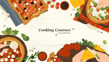 Aşçılığın en üst görüntüsü. Çizgi film karakterleri birlikte yemek pişirir, şefler masada yemek hazırlar, yassı insanlar lezzetli yemekler yapar. Vektör illüstrasyonu.