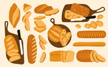 Çizgi film dilimlenmiş ekmek. Tam ve dilimlenmiş baget, dilimli Fransız fırını ürünleri, taze pişmiş hamur yemeği, dilimlenmiş tost. Vektör fırını ayarlandı.