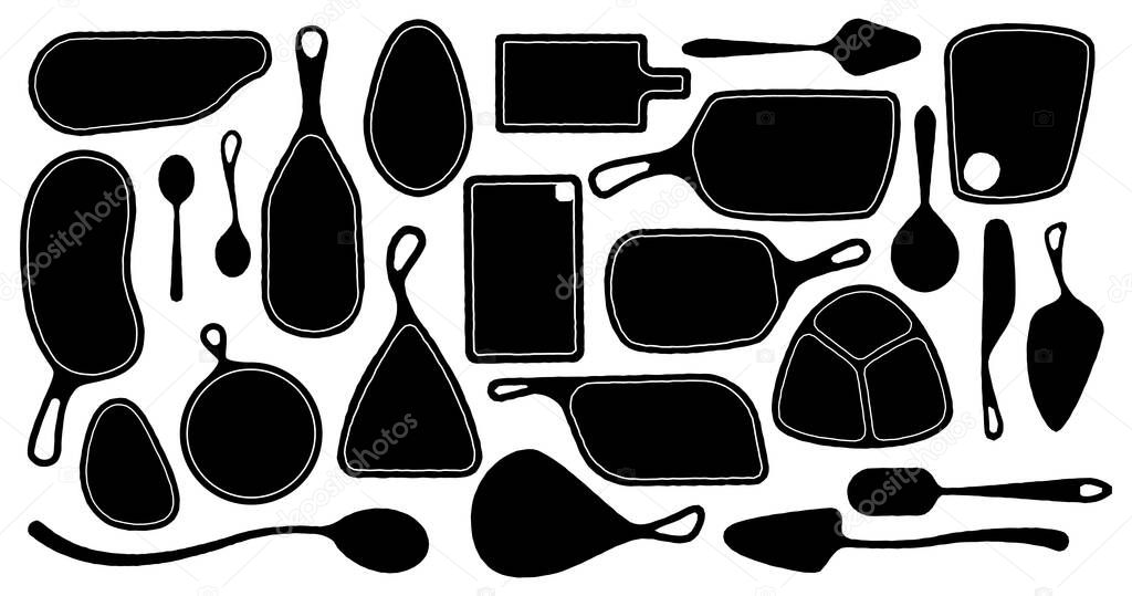 Cutting board silhouette. Wood chopping board shapes, wooden kitchen tool icons for restaurant menu design. Vector set.