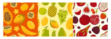 Egzotik meyve deseni. Kusursuz tropikal tatlı organik meyveler, muzlu ananas turunçgil, karikatürlü vişneli nar. Vektör dokusu.