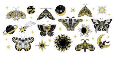 Celestial boho butterflies. Bohemian magic ethnic butterfly sketch, vintage decorative cosmic insect tattoo design. Vector isolated set. clipart