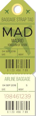 Madrid, İspanya 'dan, 4 Eylül 2018 tarihli parlak yeşil bagaj etiketi, uçuş detayları, ağırlık ve bagaj tanımlaması için benzersiz bir barkod.